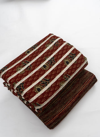 (Pre Cut -1 Meter) Pure Cotton Cambric Brown Color Stripes Block Print Fabric