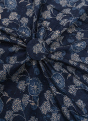 Modal Chanderi Navy Blue Color Floral kalamkari Screen Print Fabric With Foil