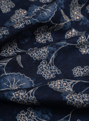 Modal Chanderi Navy Blue Color Floral kalamkari Screen Print Fabric With Foil