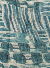 Pure Linen Teal Blue Color Geometrical Digital Print Fabric.