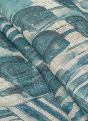 Pure Linen Teal Blue Color Geometrical Digital Print Fabric.