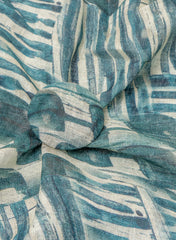 Pure Linen Teal Blue Color Geometrical Digital Print Fabric.