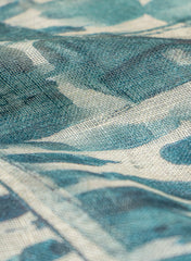 Pure Linen Teal Blue Color Geometrical Digital Print Fabric.