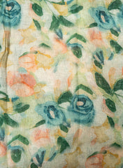 Pure Linen Shades Of Green Color Floral Digital Print Fabric.