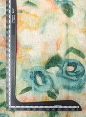 Pure Linen Shades Of Green Color Floral Digital Print Fabric.
