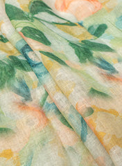 Pure Linen Shades Of Green Color Floral Digital Print Fabric.
