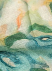 Pure Linen Shades Of Green Color Floral Digital Print Fabric.