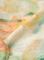 Pure Linen Shades Of Green Color Floral Digital Print Fabric.