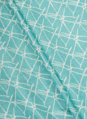 (Pre Cut-1 Meter) Pure Cotton Cambric Sky Blue Color Geometrical Pattern Screen Print Fabric.