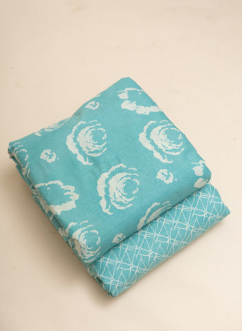 (Pre Cut-1 Meter) Pure Cotton Cambric Sky Blue Color Geometrical Pattern Screen Print Fabric.