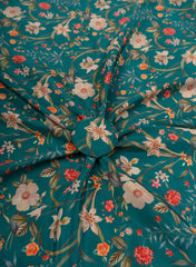 Pure Crepe Sea Green Color Floral Pattern Hybrid Print Fabric.
