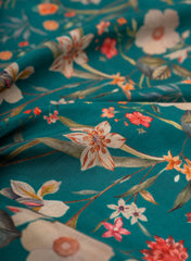 Pure Crepe Sea Green Color Floral Pattern Hybrid Print Fabric.