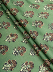 Pure Modal Satin Forest Green Color Floral Digital Print Fabric.