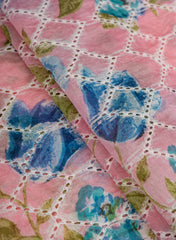 Pure Chanderi Flamingo Pink Color Floral Pattern Schiffli Embroidery Fabric.