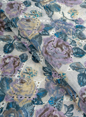 Pure Chanderi Off White Color Floral Pattern Schiffli Embroidery Fabric.