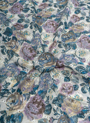 Pure Chanderi Off White Color Floral Pattern Schiffli Embroidery Fabric.