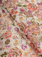 Pure Chanderi Off White Color Floral Pattern Schiffli Embroidery Fabric.
