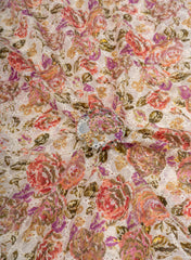 Pure Chanderi Off White Color Floral Pattern Schiffli Embroidery Fabric.
