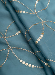 Pure Organza Shades Of Blue Color Mukesh Work Geometrical Pattern Embroidery Fabric.