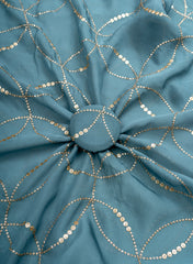 Pure Organza Shades Of Blue Color Mukesh Work Geometrical Pattern Embroidery Fabric.