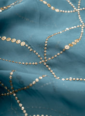 Pure Organza Shades Of Blue Color Mukesh Work Geometrical Pattern Embroidery Fabric.