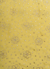 Pure Organza Bright Yellow Color Mukesh Work Floral Pattern Embroidery Fabric.