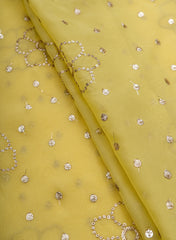 Pure Organza Bright Yellow Color Mukesh Work Floral Pattern Embroidery Fabric.