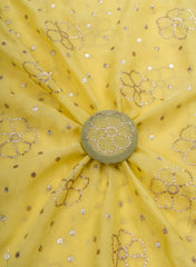 Pure Organza Bright Yellow Color Mukesh Work Floral Pattern Embroidery Fabric.