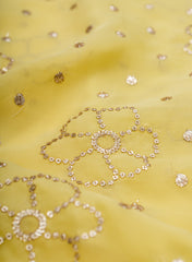 Pure Organza Bright Yellow Color Mukesh Work Floral Pattern Embroidery Fabric.