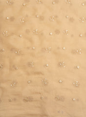 Pure Organza Camel Brown Color Floral Pattern Resham And Sequins Embroidery Fabric.