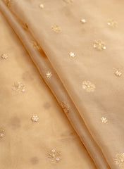 Pure Organza Camel Brown Color Floral Pattern Resham And Sequins Embroidery Fabric.