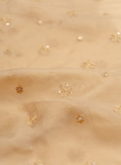 Pure Organza Camel Brown Color Floral Pattern Resham And Sequins Embroidery Fabric.