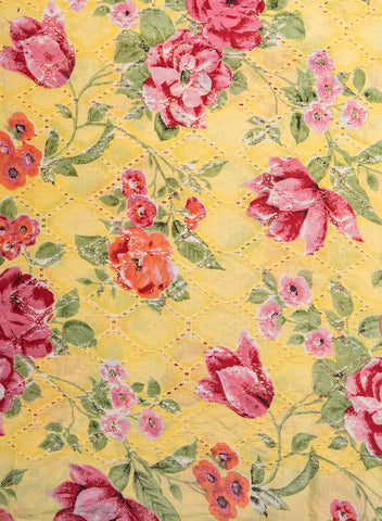 (Pre Cut-1 Meter) Pure Chanderi Lemon Yellow Color Floral Pattern Schiffli Embroidery Fabric.