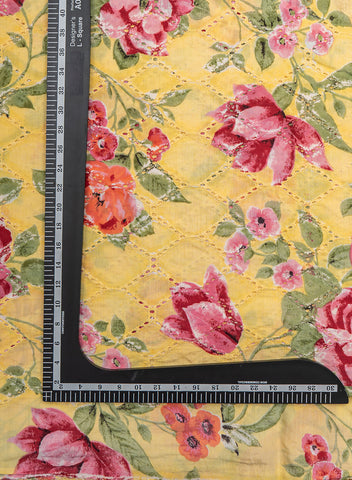 (Pre Cut-1 Meter) Pure Chanderi Lemon Yellow Color Floral Pattern Schiffli Embroidery Fabric.
