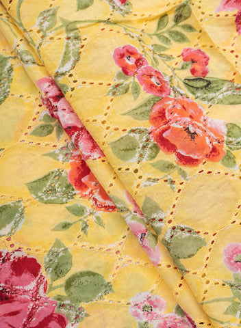 (Pre Cut-1 Meter) Pure Chanderi Lemon Yellow Color Floral Pattern Schiffli Embroidery Fabric.