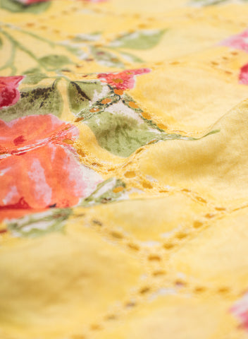 (Pre Cut-1 Meter) Pure Chanderi Lemon Yellow Color Floral Pattern Schiffli Embroidery Fabric.