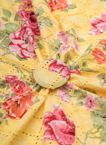(Pre Cut-1 Meter) Pure Chanderi Lemon Yellow Color Floral Pattern Schiffli Embroidery Fabric.