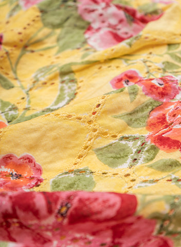 (Pre Cut-1 Meter) Pure Chanderi Lemon Yellow Color Floral Pattern Schiffli Embroidery Fabric.