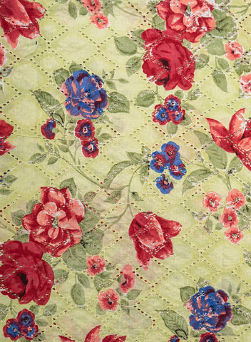 (Pre Cut-2 Meter) Pure Chanderi Lime Green Color Floral Pattern Schiffli Embroidery Fabric.