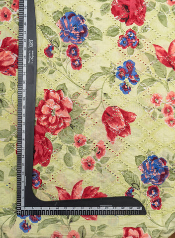 (Pre Cut-2 Meter) Pure Chanderi Lime Green Color Floral Pattern Schiffli Embroidery Fabric.