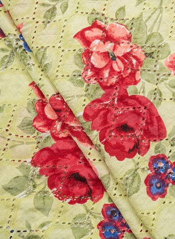 (Pre Cut-2 Meter) Pure Chanderi Lime Green Color Floral Pattern Schiffli Embroidery Fabric.