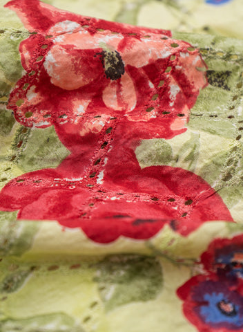 (Pre Cut-2 Meter) Pure Chanderi Lime Green Color Floral Pattern Schiffli Embroidery Fabric.