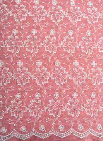 (Pre Cut-2.5 Meter) Cotton Kota Checks  Mauve Pink Color Thread Work Floral Embroidery Fabric.
