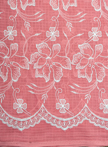 (Pre Cut-2.5 Meter) Cotton Kota Checks  Mauve Pink Color Thread Work Floral Embroidery Fabric.