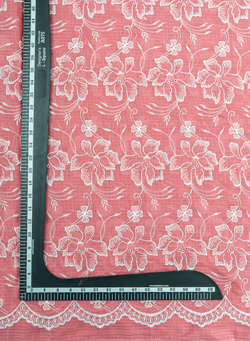 (Pre Cut-2.5 Meter) Cotton Kota Checks  Mauve Pink Color Thread Work Floral Embroidery Fabric.