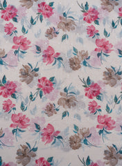 (Pre Cut-2.5 Meter) Linen Schiffli  White And Pink Color Floral Digital Print Embroidery Fabric.