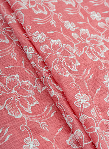 (Pre Cut-2.5 Meter) Cotton Kota Checks  Mauve Pink Color Thread Work Floral Embroidery Fabric.