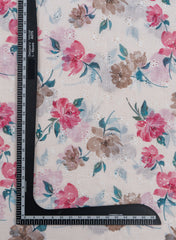 (Pre Cut-2.5 Meter) Linen Schiffli  White And Pink Color Floral Digital Print Embroidery Fabric.