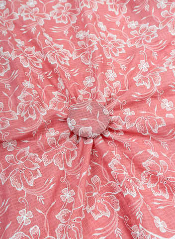 (Pre Cut-2.5 Meter) Cotton Kota Checks  Mauve Pink Color Thread Work Floral Embroidery Fabric.