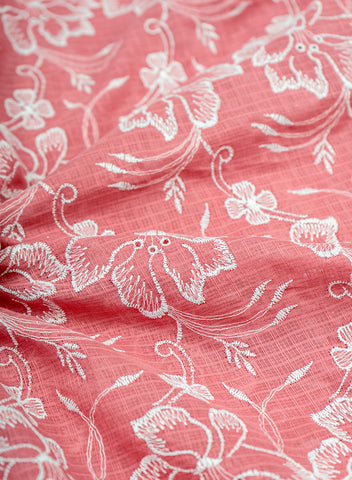 (Pre Cut-2.5 Meter) Cotton Kota Checks  Mauve Pink Color Thread Work Floral Embroidery Fabric.